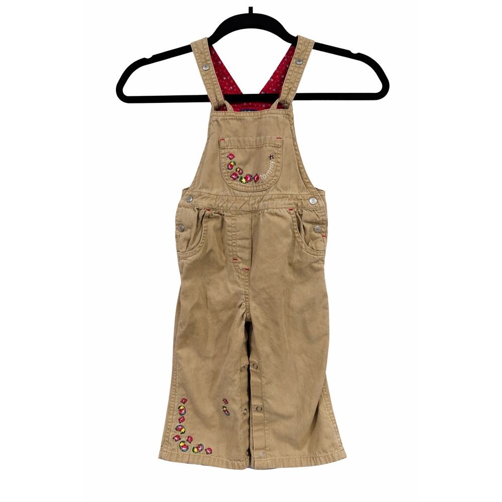Tommy Hilfiger Toddler Girl Overalls 18-24M Khaki Floral Embroidered Preppy Y2K